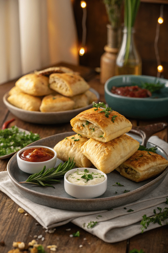 Ready-to-serve potato filled pastries with dips