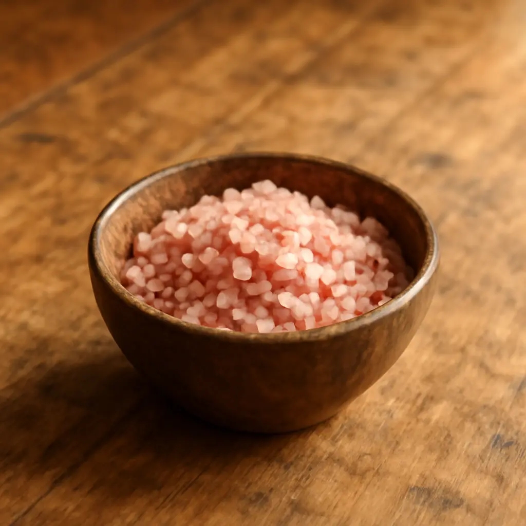 Coarse pink Himalayan salt crystals in a wooden bowl on a rustic wooden surface