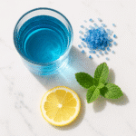 Blue salt trick recipe in a glass with lemon and mint