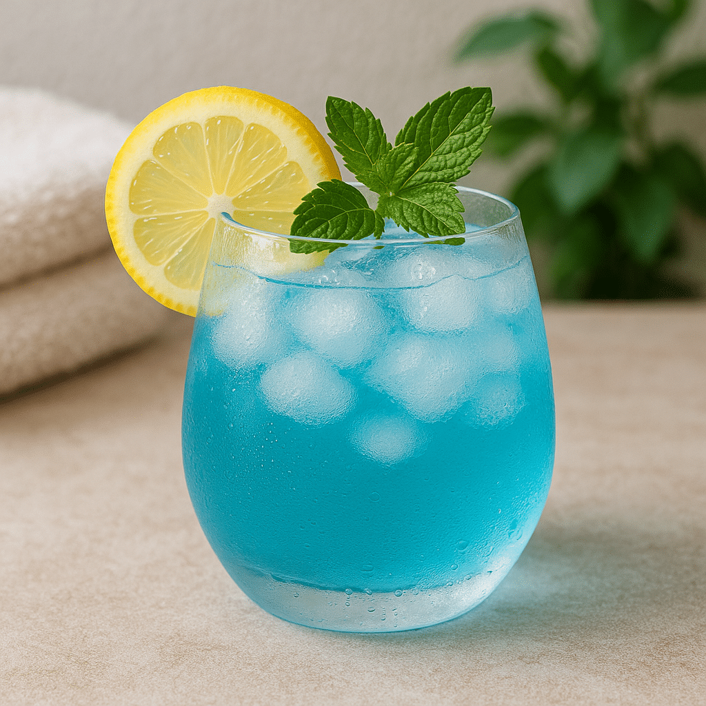 Chilled blue salt drink served with lemon and mint over ice
