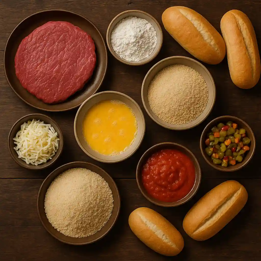 ingredients for making a breaded steak sandwich