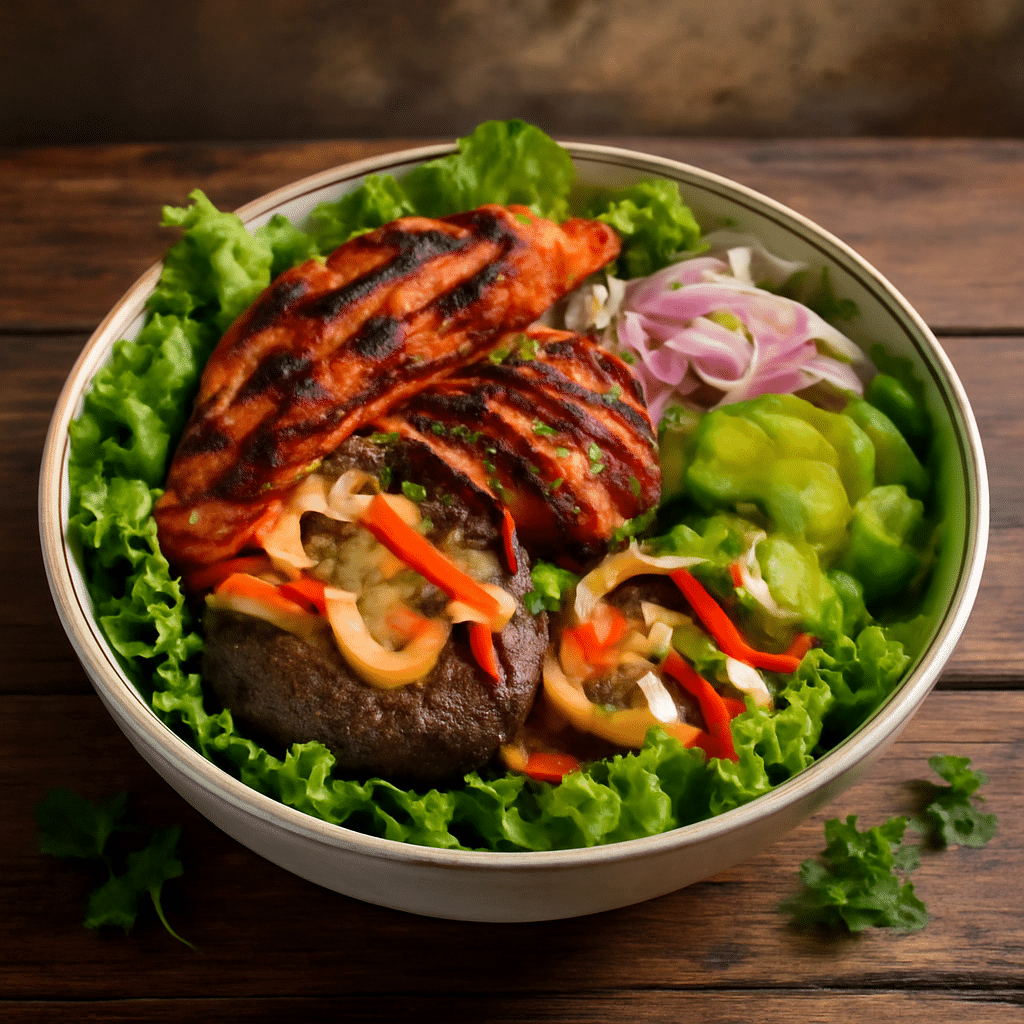 Burger bowl with beef, cheese, bacon, and fresh vegetables in a rustic kitchen setting