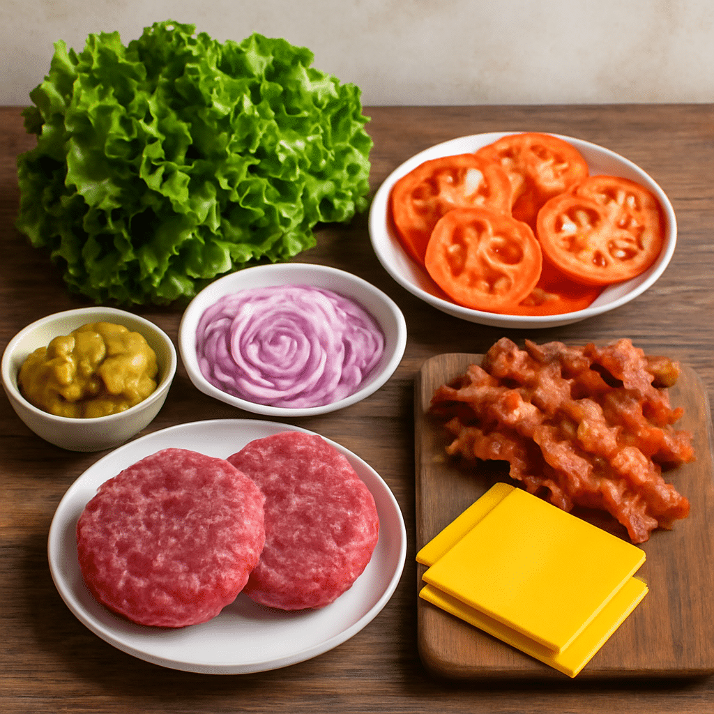 Ingredients for burger bowl including lettuce, tomatoes, bacon, beef patties, cheese, and condiments