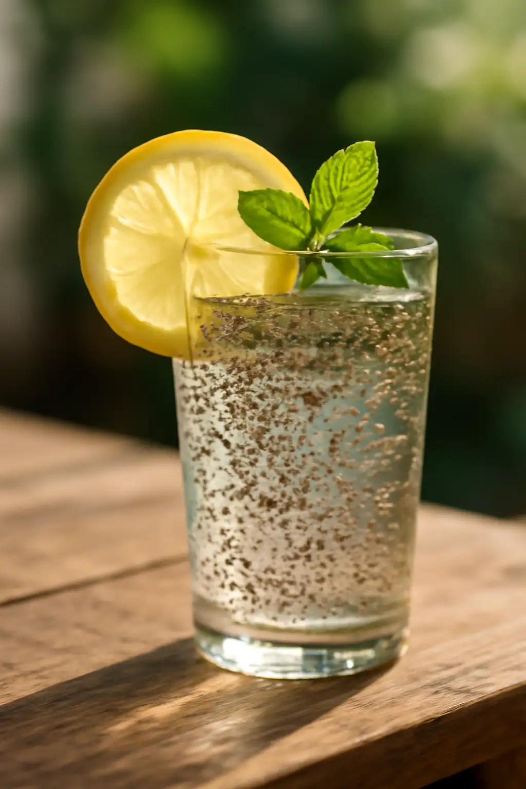Ingredients for chia seeds recipe water including chia seeds, lemon, cucumber, and mint