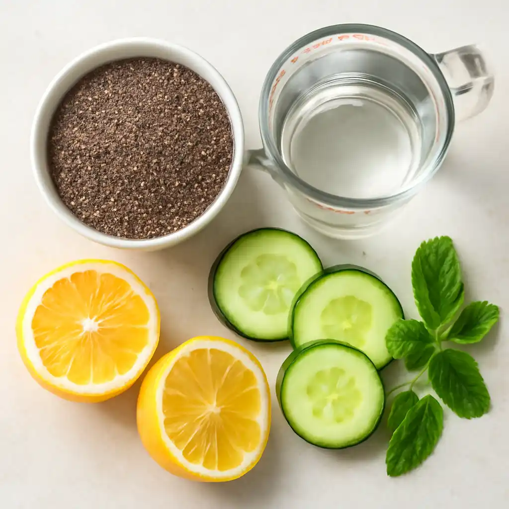 Ingredients for chia seeds recipe water including chia seeds, lemon, cucumber, and mint