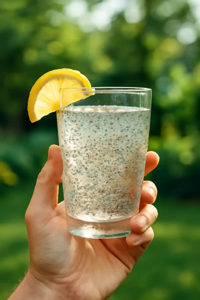 Serving glass of chia seeds recipe water with lemon wedge