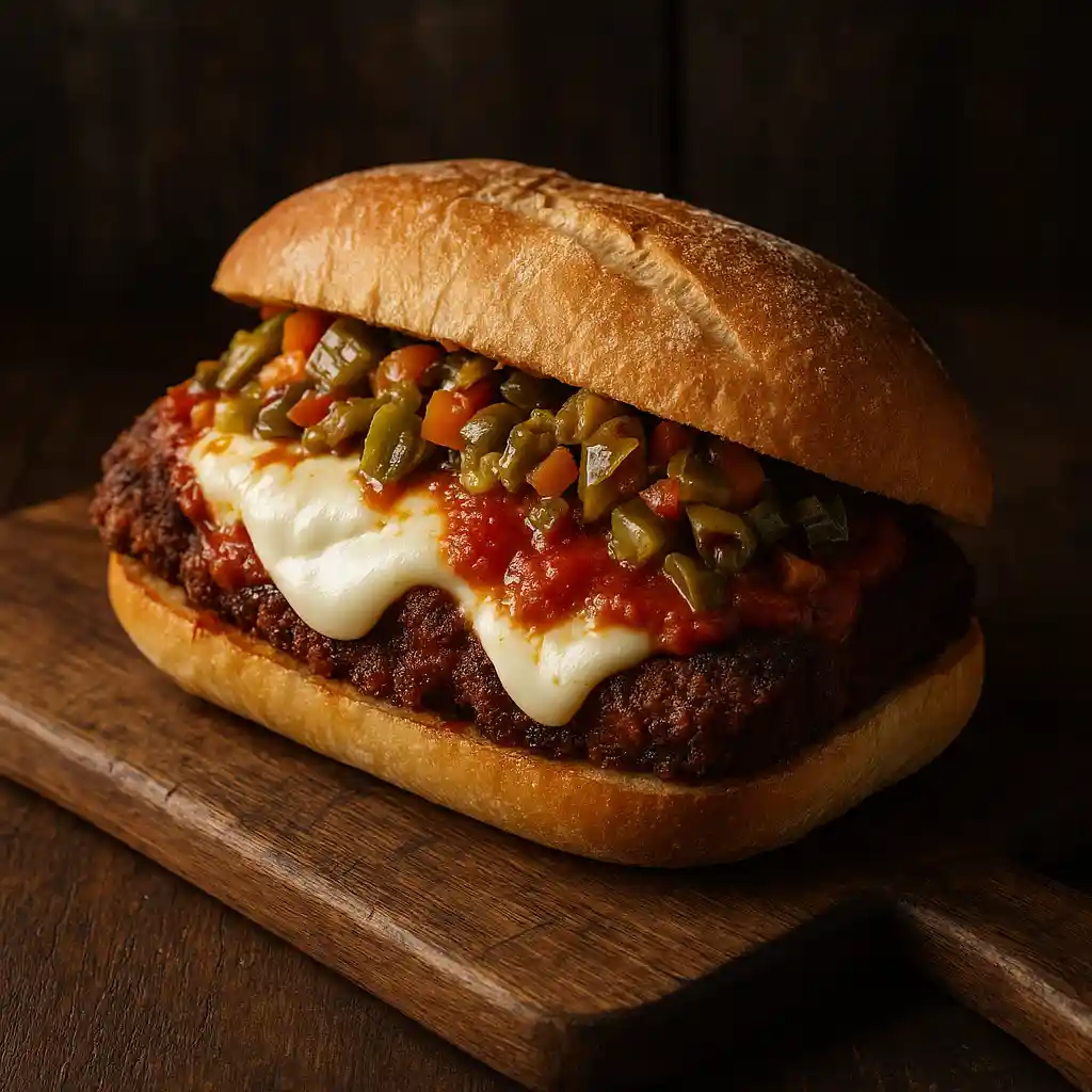 chicago-style breaded steak sandwich with marinara and mozzarella
