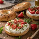 Toasted bagels with cottage cheese, strawberries, and honey, perfect for a healthy breakfast.