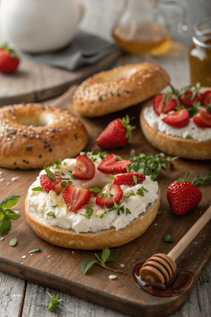 Toasted bagels with cottage cheese, strawberries, and honey, perfect for a healthy breakfast.