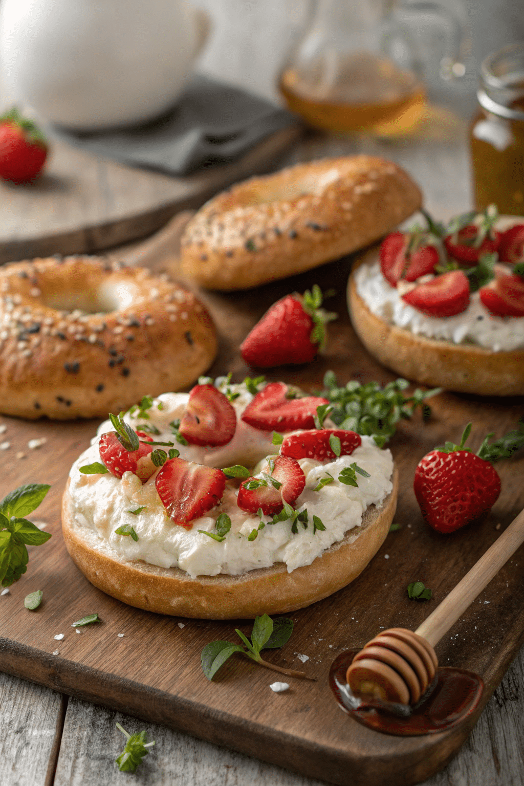 Toasted bagels with cottage cheese, strawberries, and honey, perfect for a healthy breakfast.