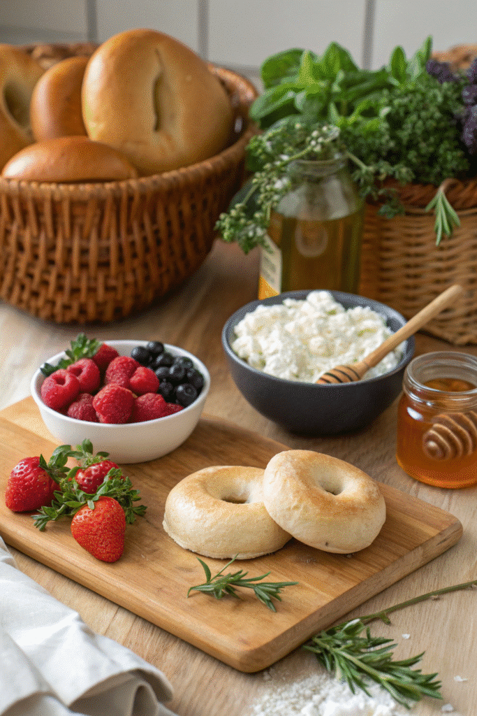 Ingredients for cottage cheese bagels: bagels, cottage cheese, fresh fruit, herbs, and honey.
