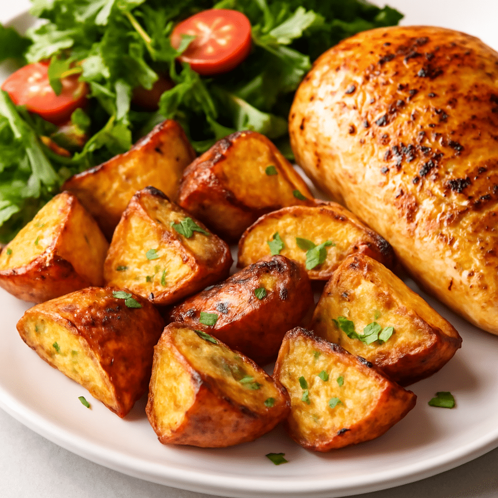 Serving crispy red potatoes with grilled chicken and salad