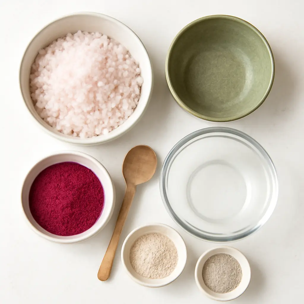 Ingredients for homemade pink salt recipe on white countertop