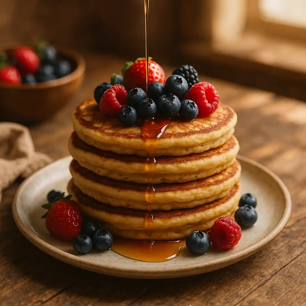 Millville Protein Pancake Mix stack with fresh berries