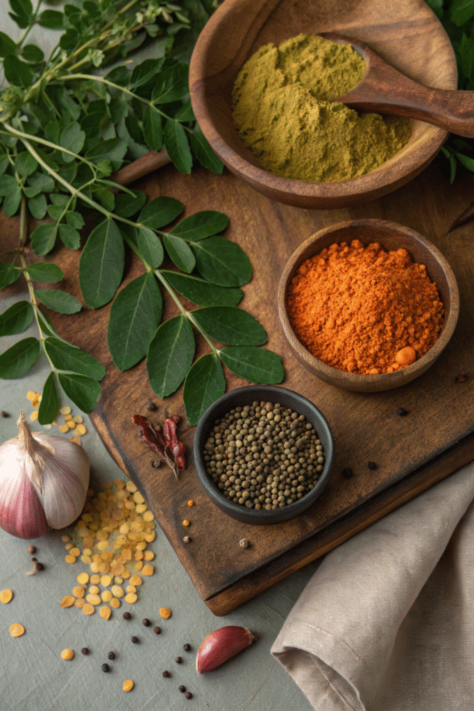 ingredients for moringa dal with spices and lentils