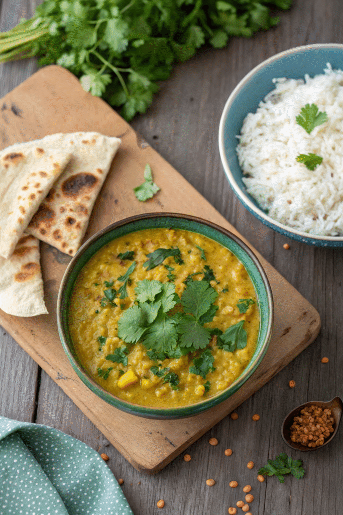 bowl of moringa dal with rice and coriander garnish