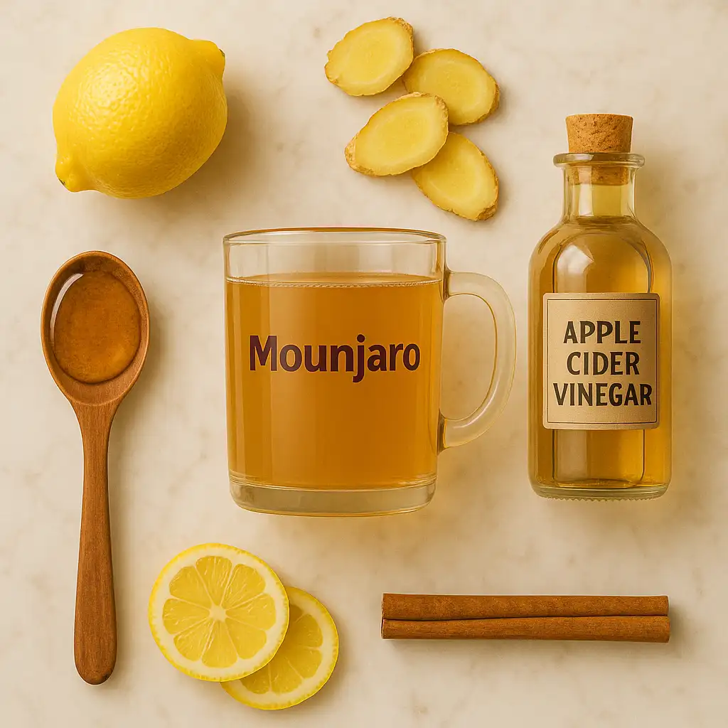 Ingredients for natural Mounjaro drink on marble