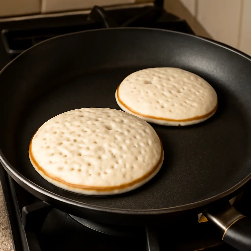Cooking fluffy pancakes for two on skillet
