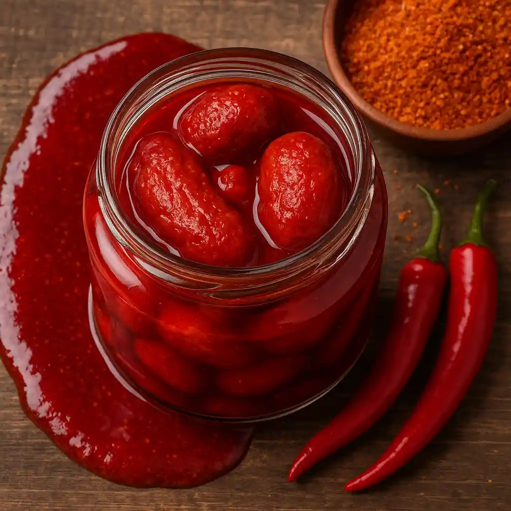 pickle with chamoy in glass jar
