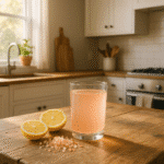 pink salt trick morning drink in a cozy kitchen