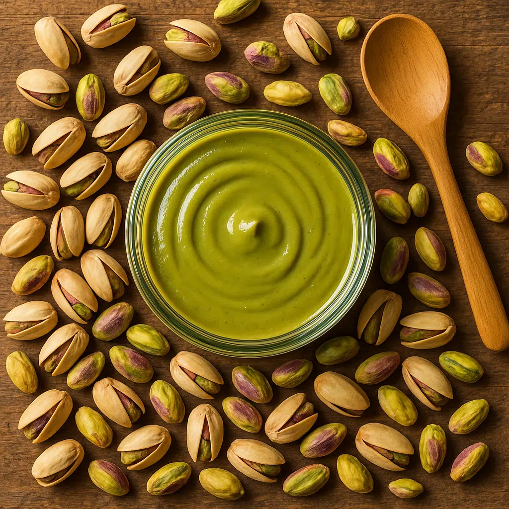 pistachio butter in a jar with pistachios