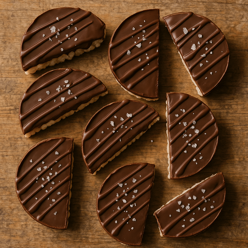 Rice chocolate cakes arranged neatly on rustic table