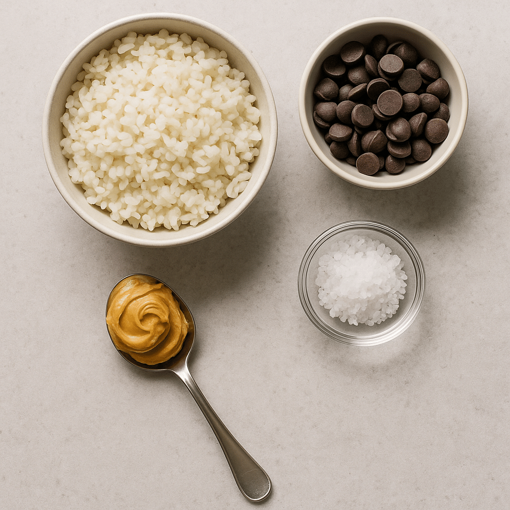 Ingredients for rice chocolate cakes on kitchen counter