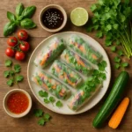 Colorful rice paper rolls on a wooden table