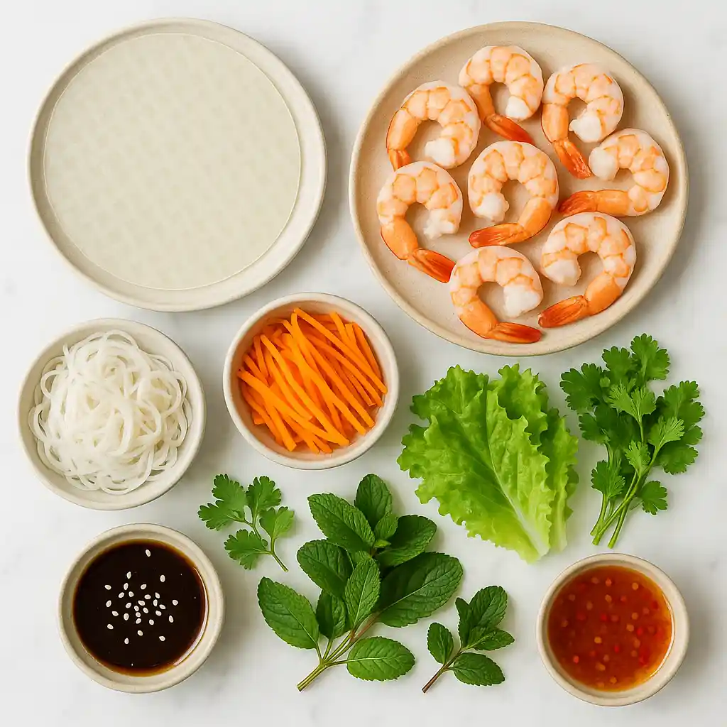 Ingredients for rice paper rolls laid out on a white counter