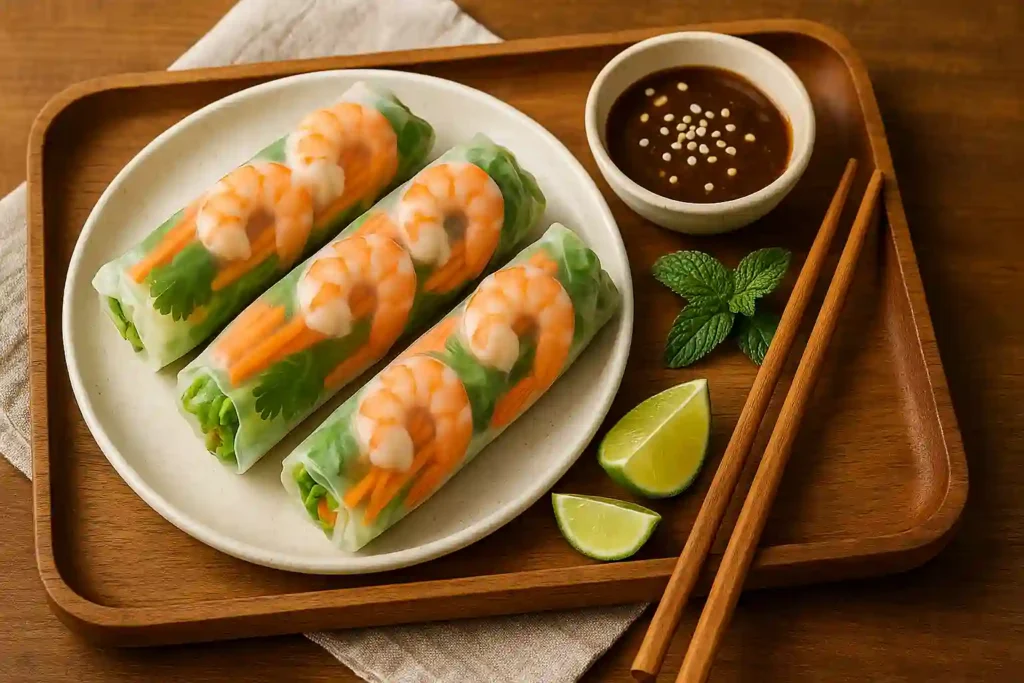 Plated rice paper rolls with dipping sauce