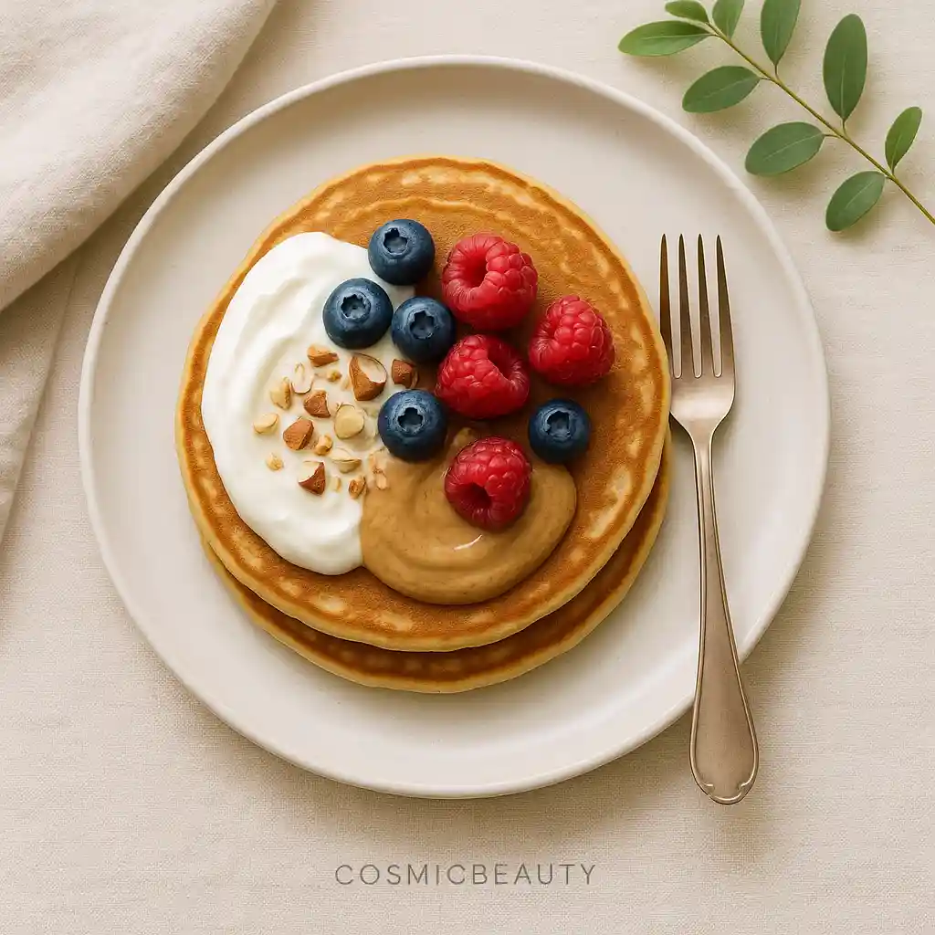 Served protein pancakes with toppings