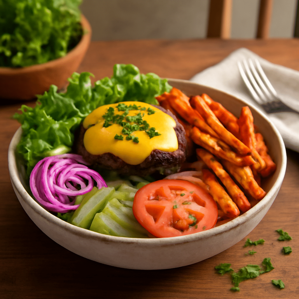 Final burger bowl recipe served with fries and condiments