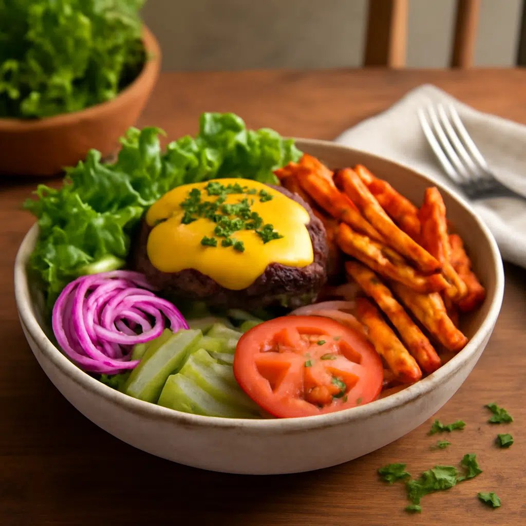 Final burger bowl recipe served with fries and condiments