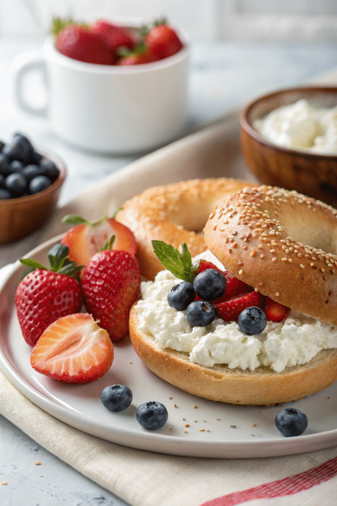 Plated cottage cheese bagel with fresh fruit on the side.