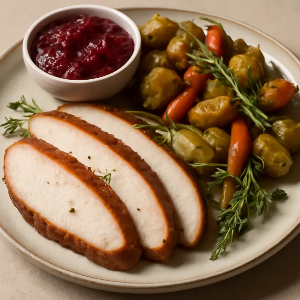 Sliced smoked turkey breast served with roasted vegetables and cranberry sauce