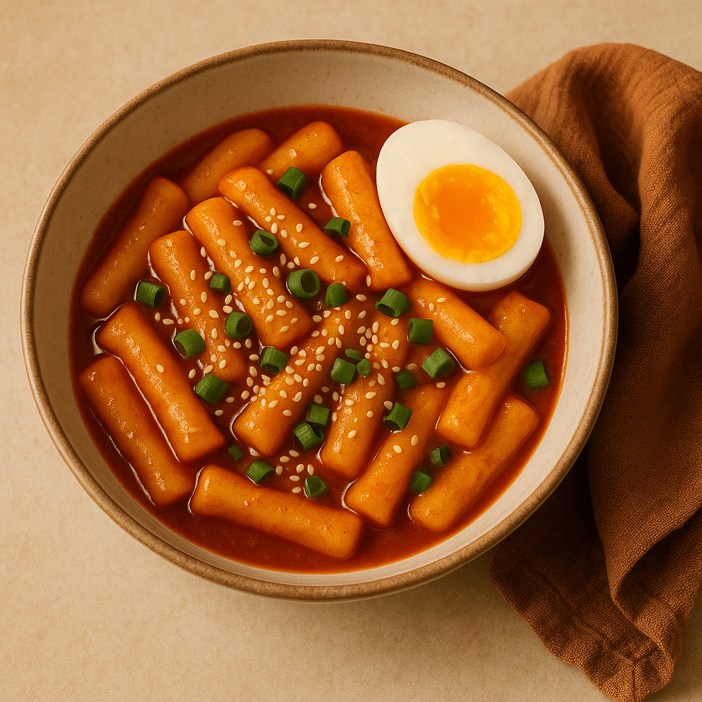 serving of tteokbokki with egg and green onions