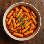 tteokbokki recipe served hot with fish cakes and green onions