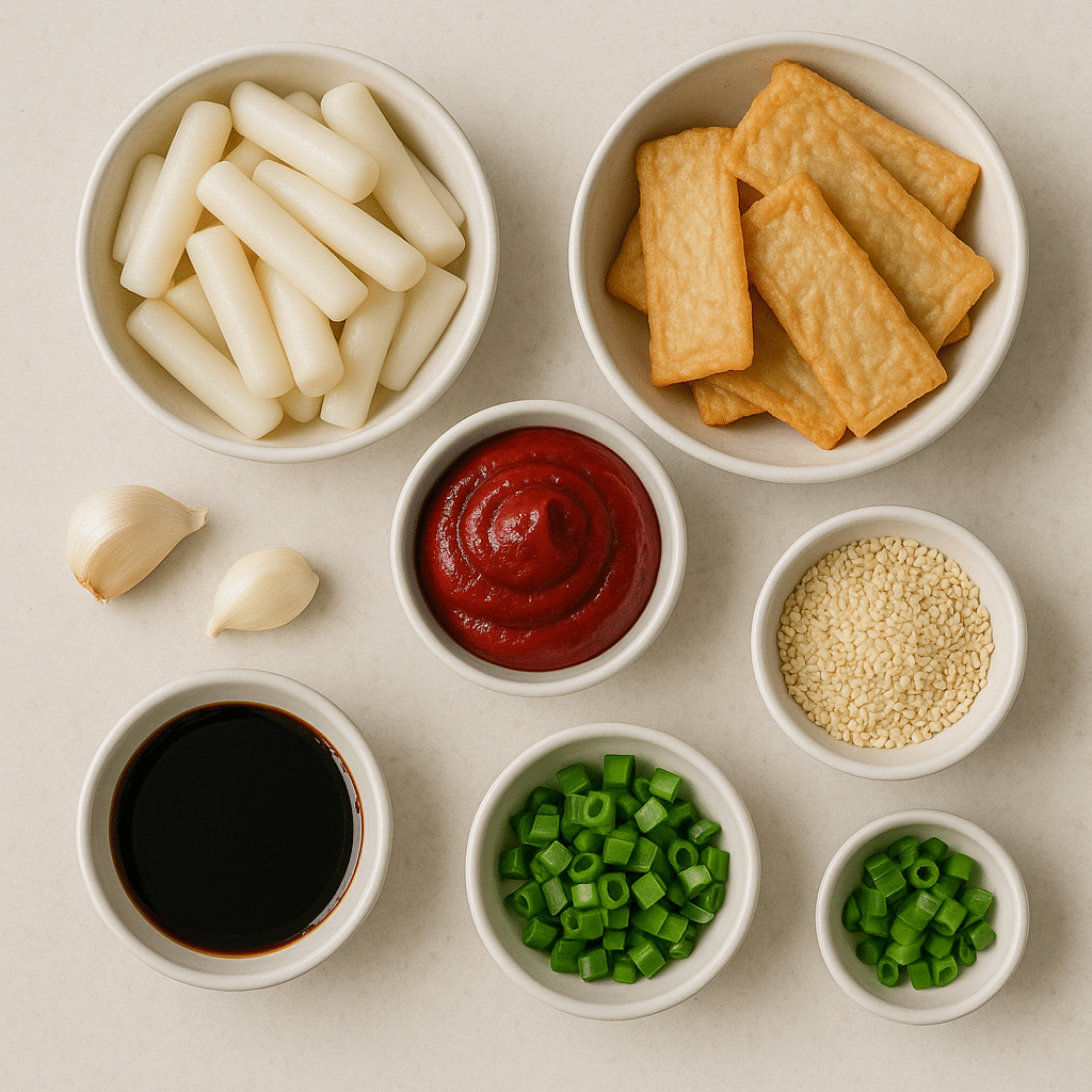 ingredients for tteokbokki recipe laid out in bowls