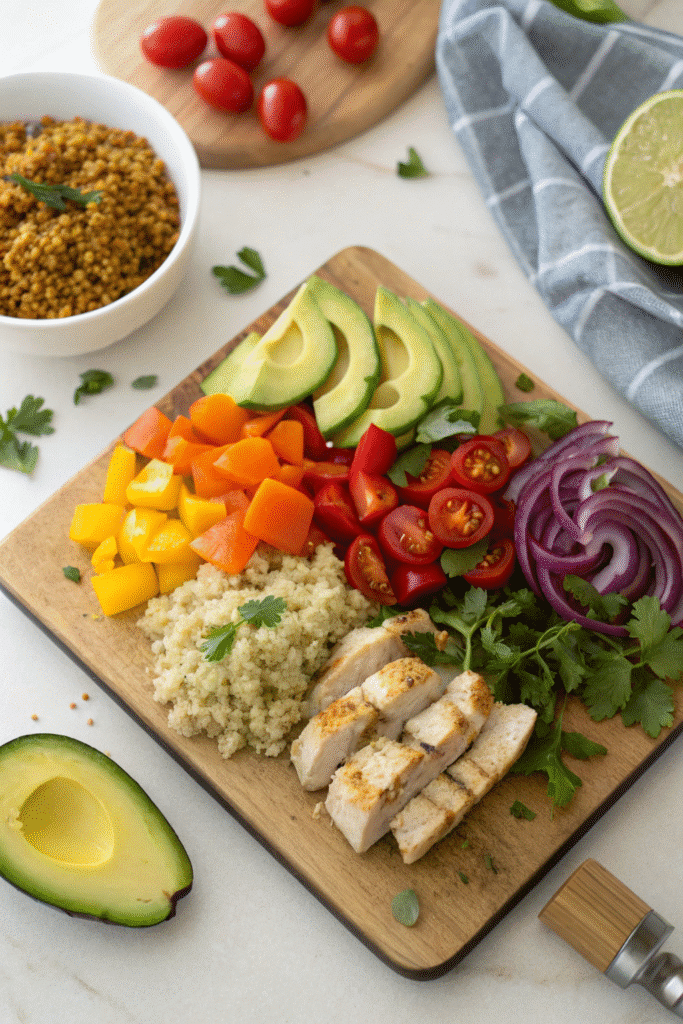 Fresh ingredients for Zepbound diet meal: quinoa, chicken, avocado, and vegetables