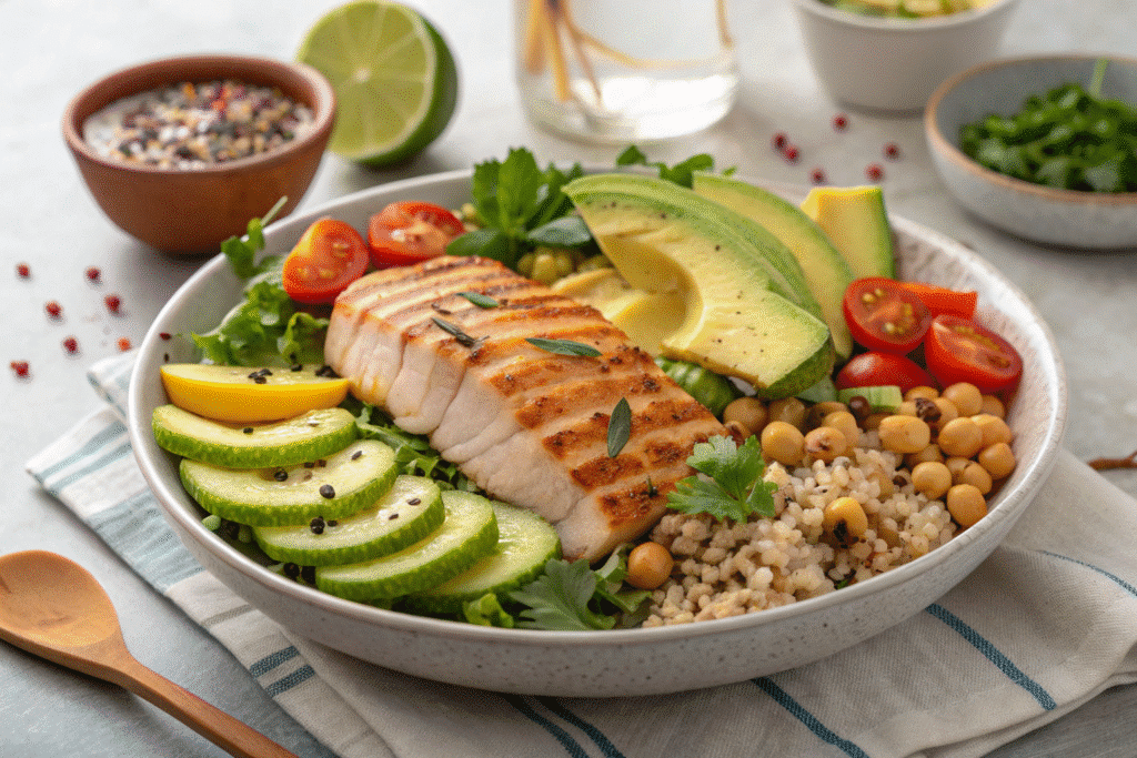 Zepbound diet plan meal with grilled chicken, quinoa, and avocado
