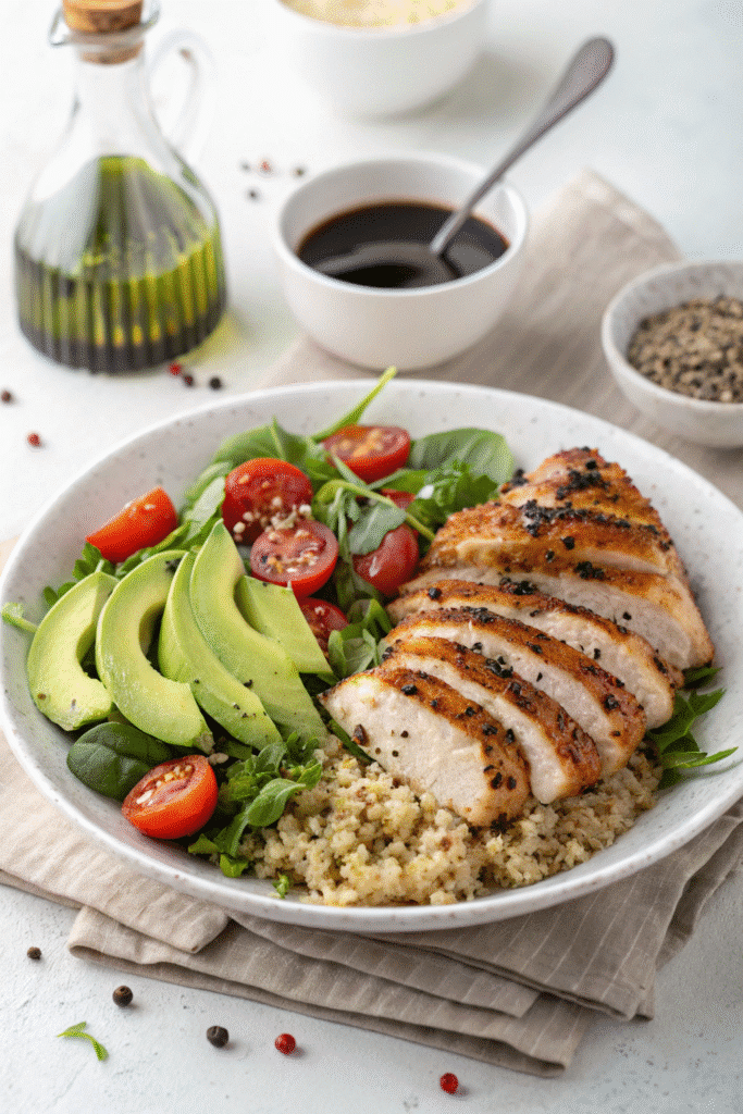 Served Zepbound diet meal with grilled chicken, quinoa, avocado, and fresh veggies