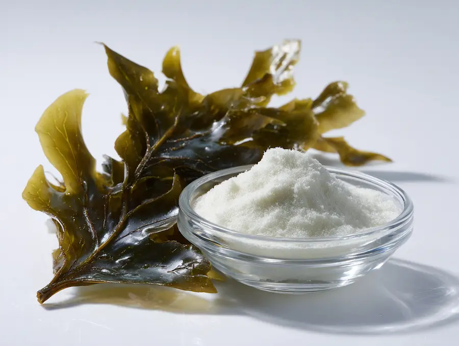 Agar-agar powder and fresh seaweed on white surface lit by indoor light