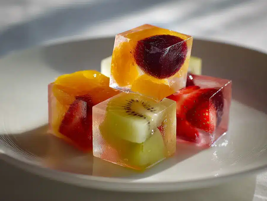 Fruit pieces in gelatin cubes on white plate with soft indoor light