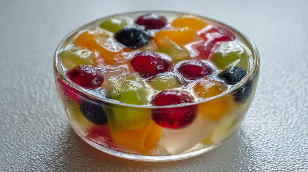 Gelatin dessert with fruit pieces in glass ramekin with soft indoor lighting