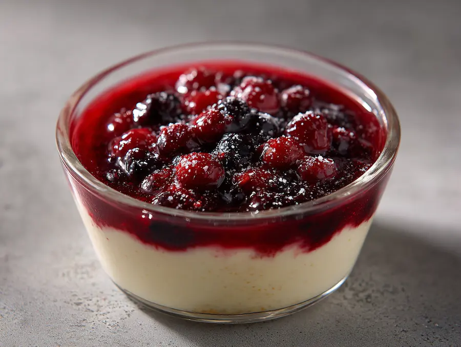 Vanilla panna cotta with berry compote in glass ramekin under neutral indoor lighting