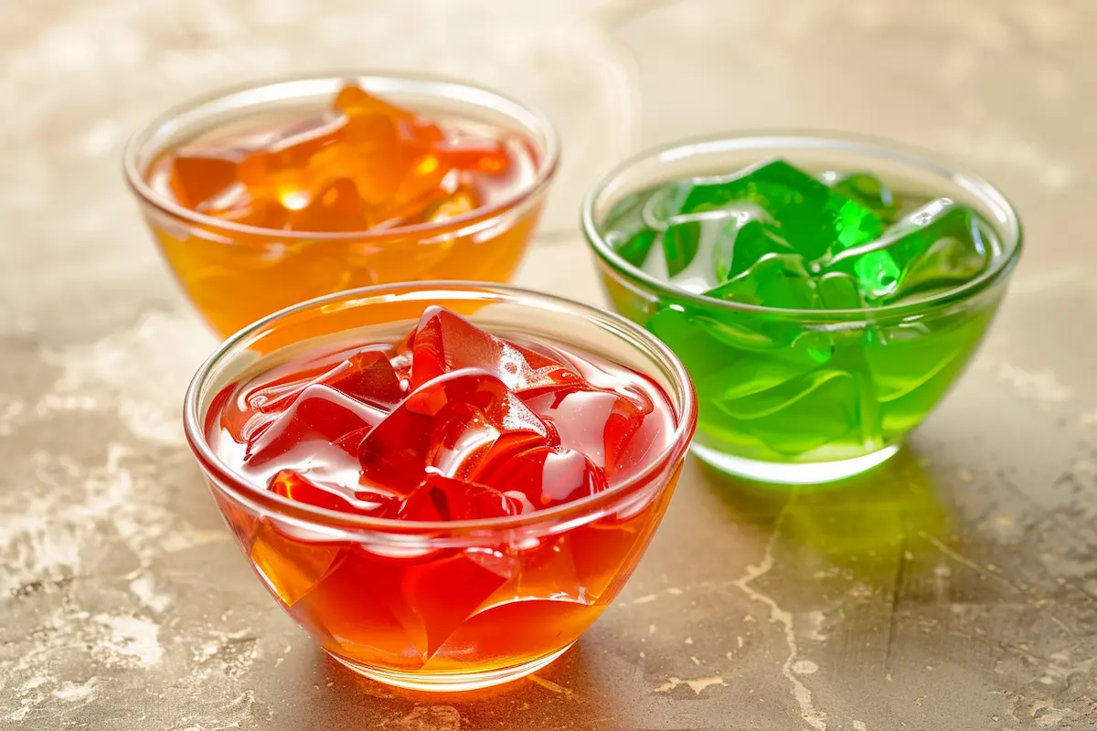 3 ingredient jello weight loss recipe in clear glass cups showing bright red orange and green colors with firm texture