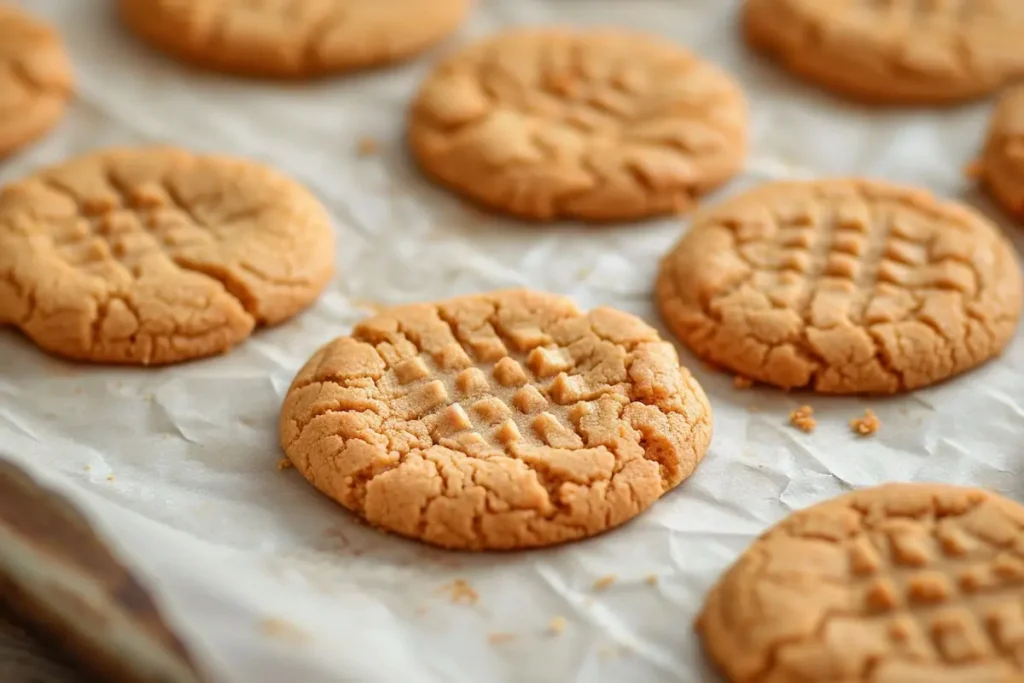 3 ingredient peanut butter cookies no egg baking in oven showing light golden brown edges and soft centers