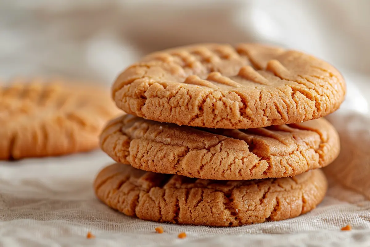 stack of 3 ingredient peanut butter cookies no egg with fork marks showing soft texture and golden brown edges