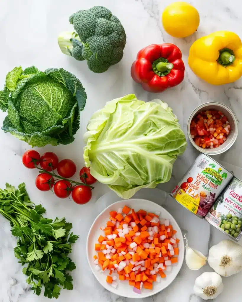 7 day cabbage soup diet ingredients including cabbage vegetables broth and tomatoes