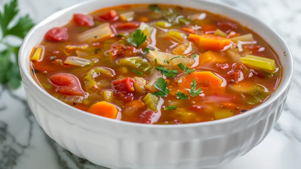 7 day cabbage soup diet recipe in white bowl with vegetables for weight loss